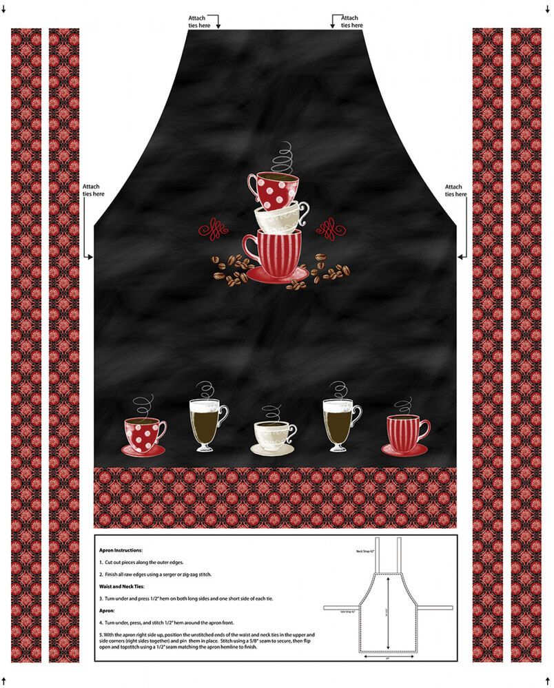 Perfect Brew Apron Panel Blk/Red for patchwork, quilting and sewing