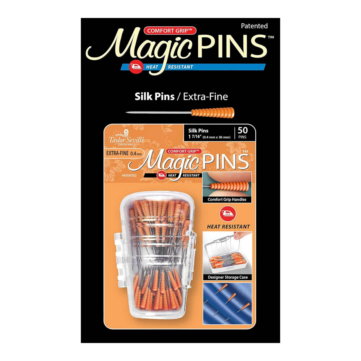 Everything Fabric Taylor Seville Originals Magic Pins with orange heat-resistant comfort grip heads in storage case