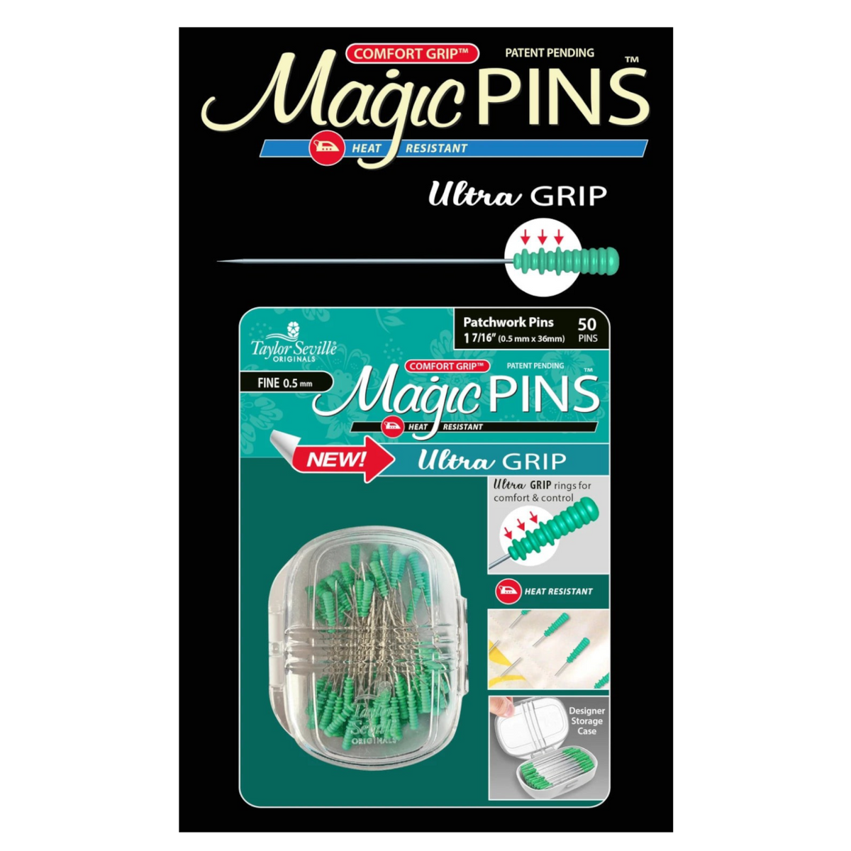 Everything Fabric Taylor Seville Originals Magic Pin Ultra Grip fine patchwork pins with heat-resistant green heads