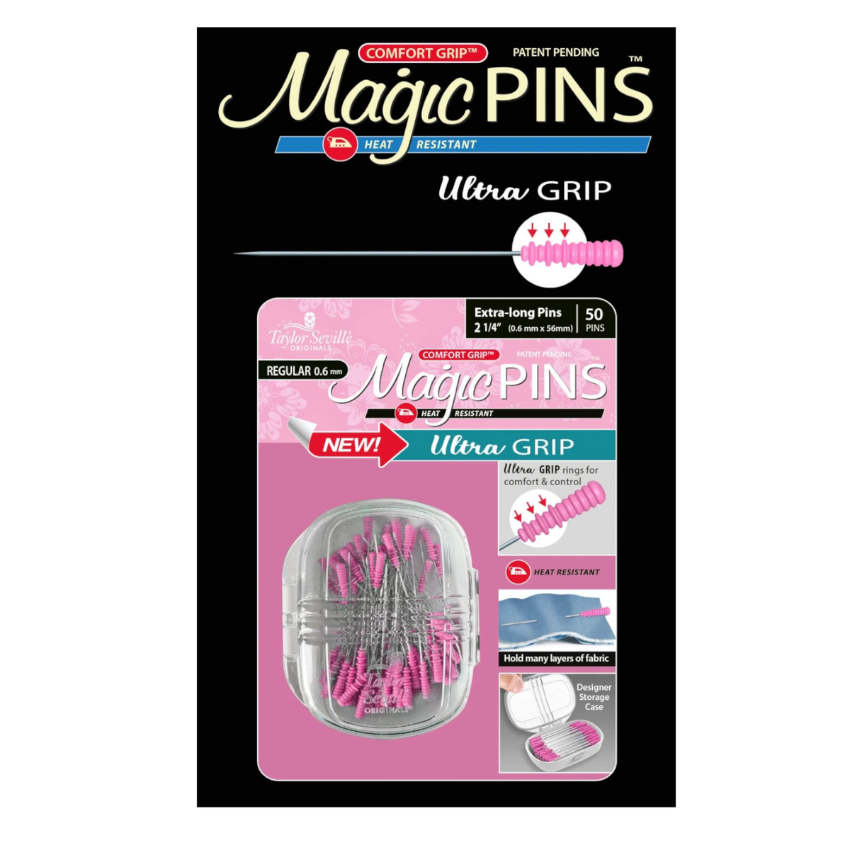 Everything Fabric Taylor Seville Originals Magic Pin Ultra Grip extra-long sewing pins with heat-resistant pink heads