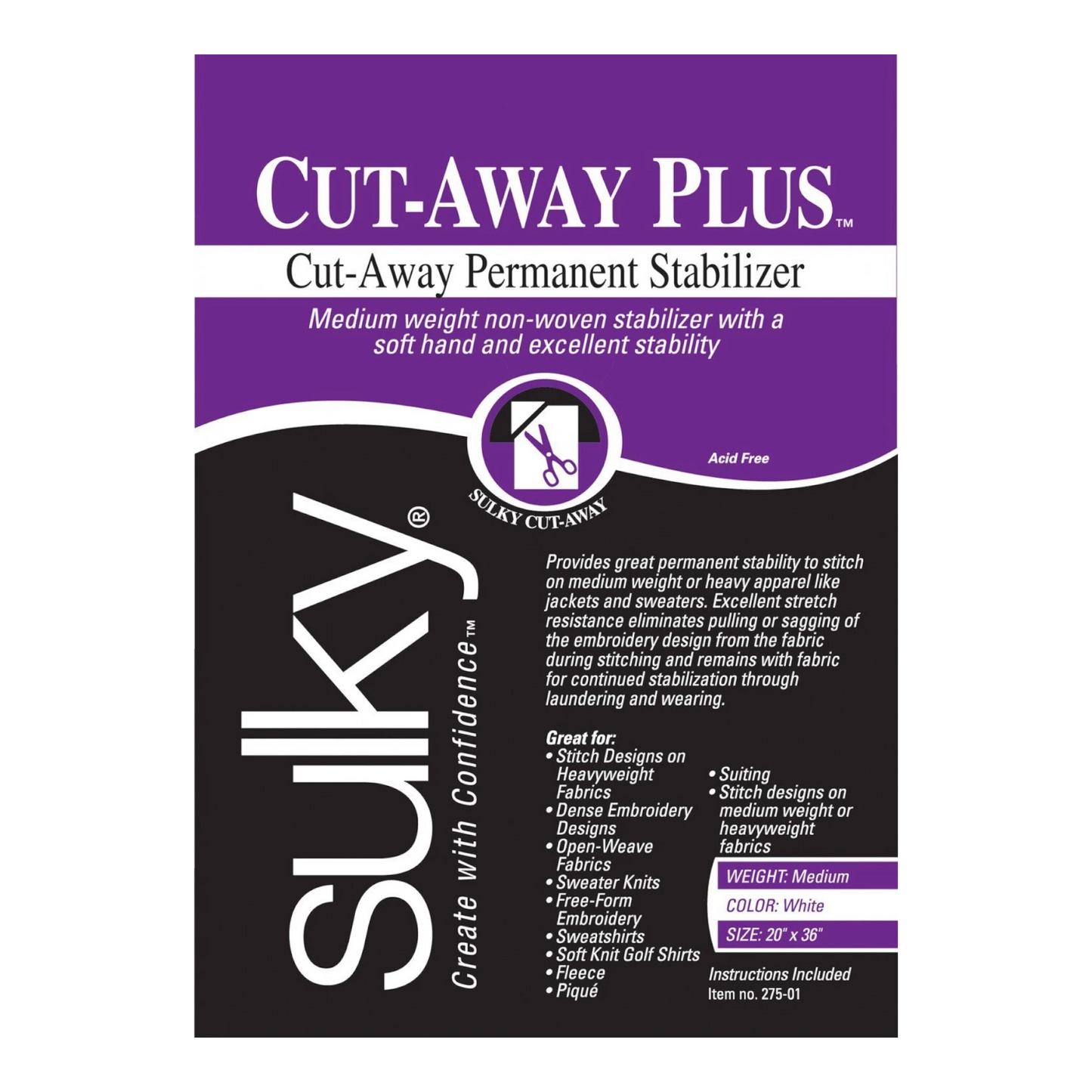 Sulky - Cut Away Plus Midweight Stabilizer White 508 mm x 1yd , quilting and structured projects