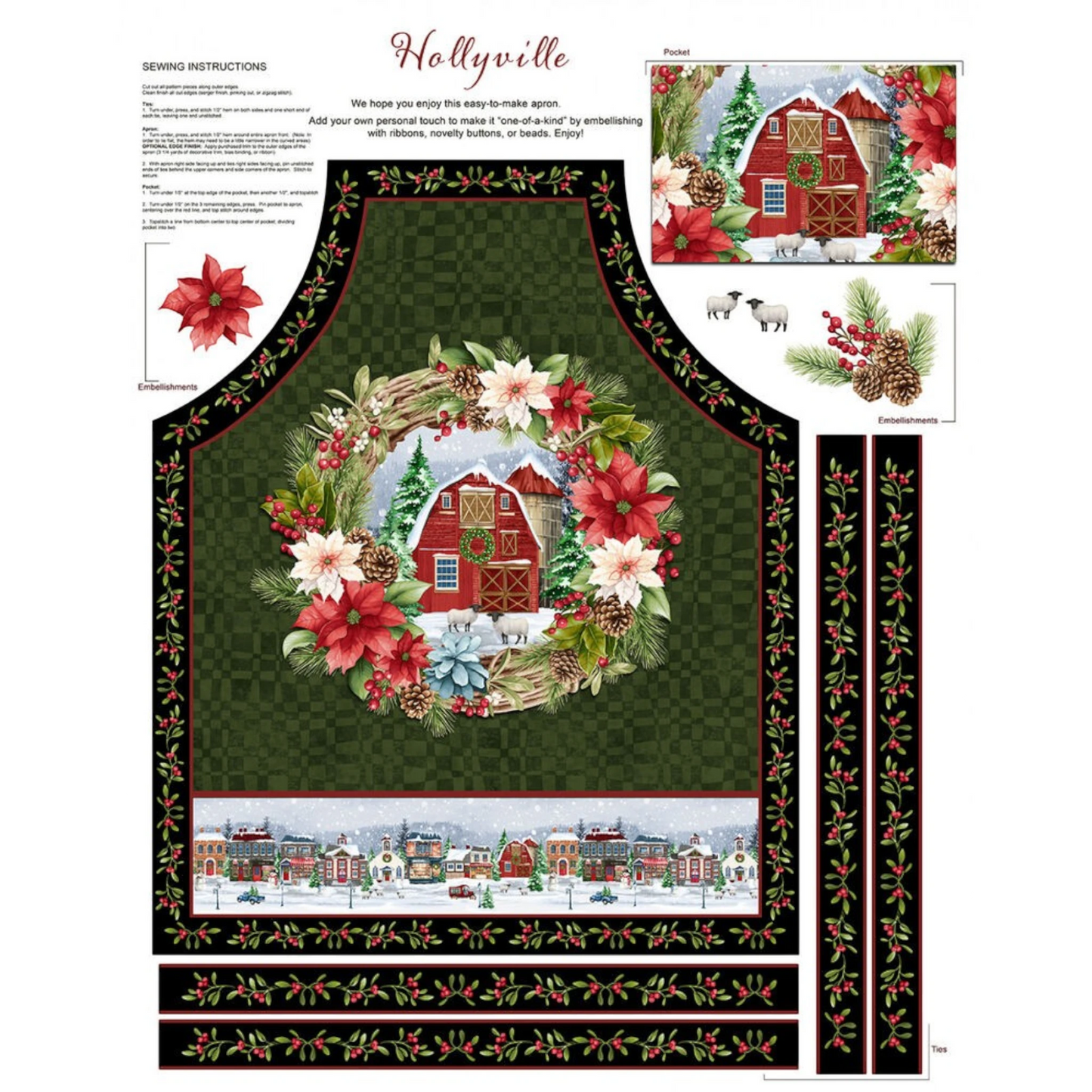 Hollyville Green Apron Panel - 914 mm wide for patchwork, quilting and sewing