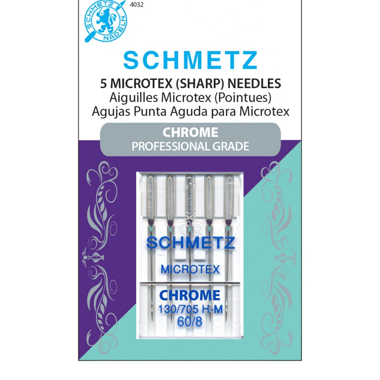 Schmetz Chrome Needles - Microtex (SHARP) 60/8 - 5 pack , quilting and needlework