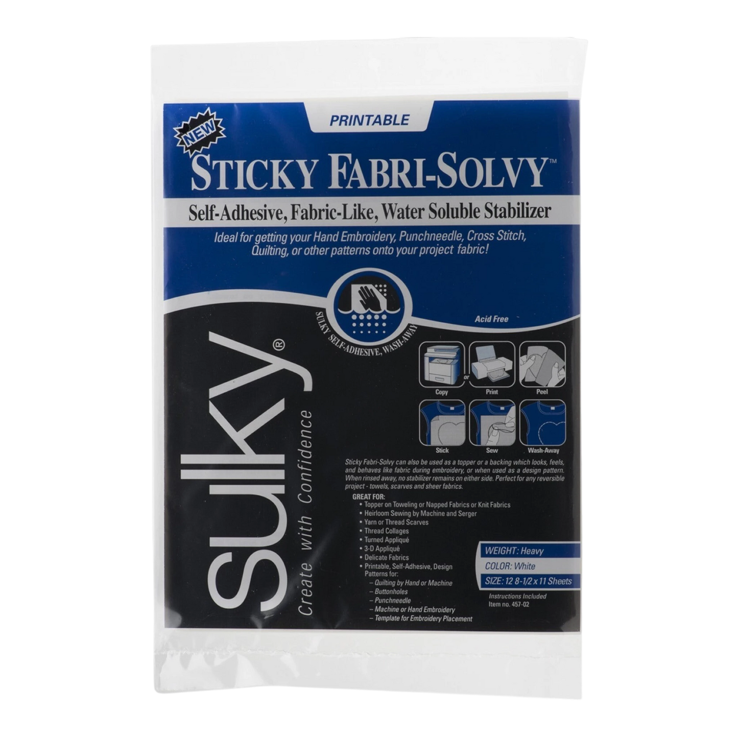 Sulky - Sticky Fabri Solvy Printable Sheets 12ct 216 mm x 279 mm for embroidery, applique and sewing projects