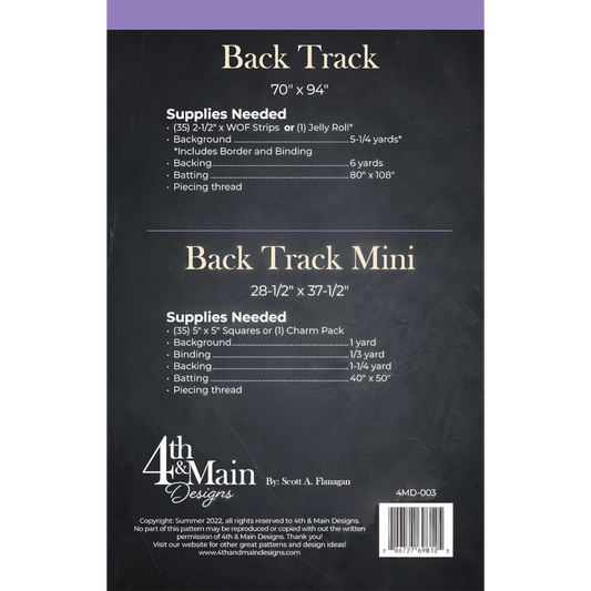 Everything Fabric Back Track quilt pattern instruction sheet by 4th & Main Designs for jelly rolls and charm packs.