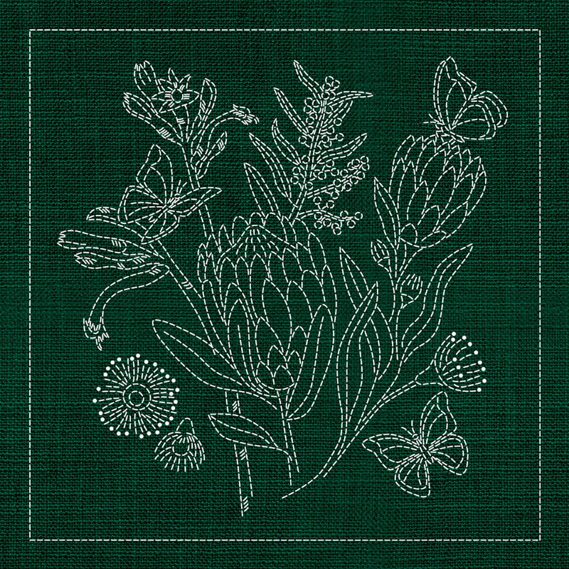 Sashiko Australia Native Flowers 1 - Green , piecing and stitching