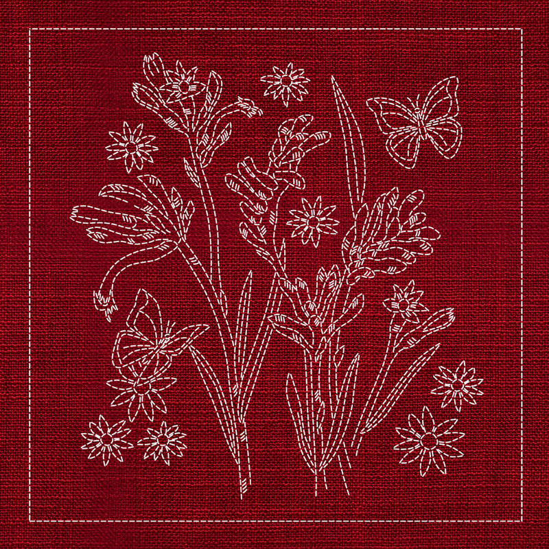 Sashiko Australia Native Flowers 2 - CHERRY RED , piecing and stitching