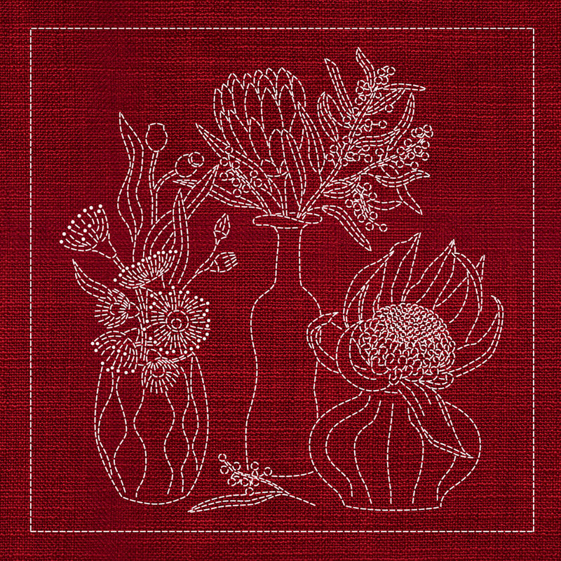 Sashiko Australia Native Flowers 4 - CHERRY RED , piecing and stitching