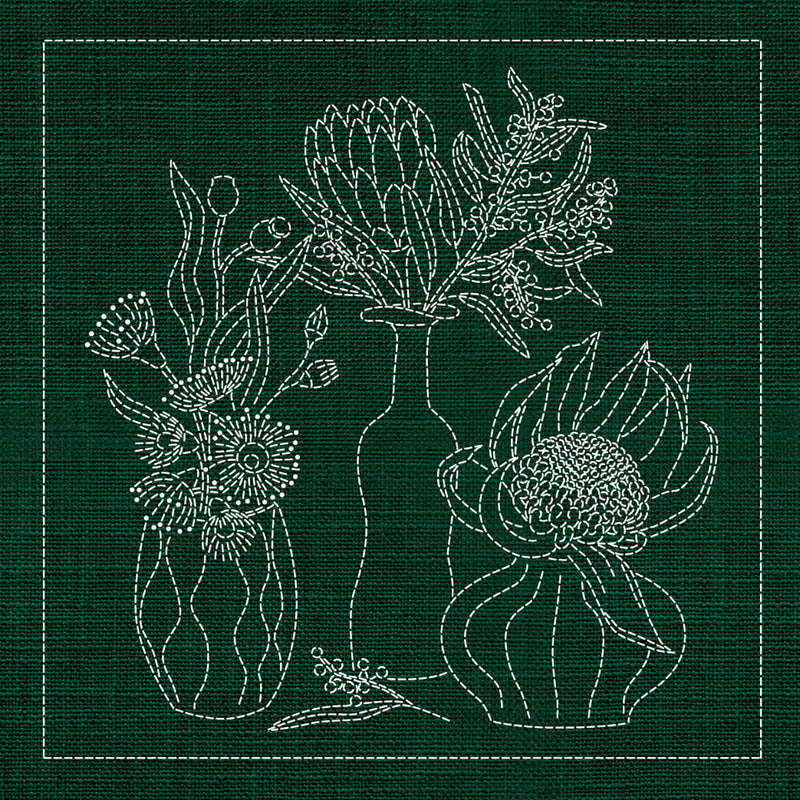 Sashiko Australia Native Flowers 4 - Green , piecing and stitching