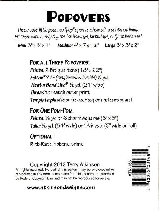 Popovers Pattern , quilting and craft projects