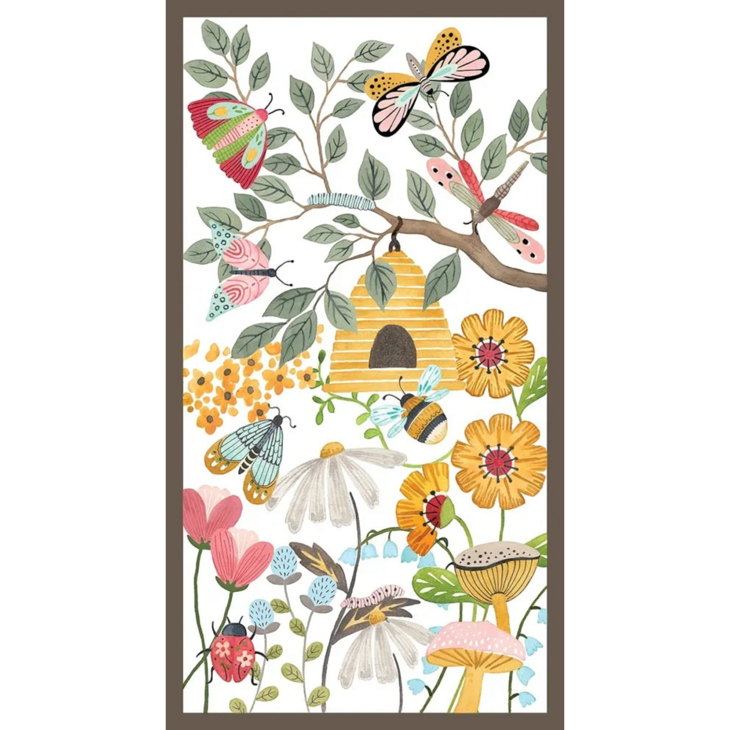 Nature’s Symphony Pale Yellow Panel Beehives & Flowers for patchwork, quilting and sewing