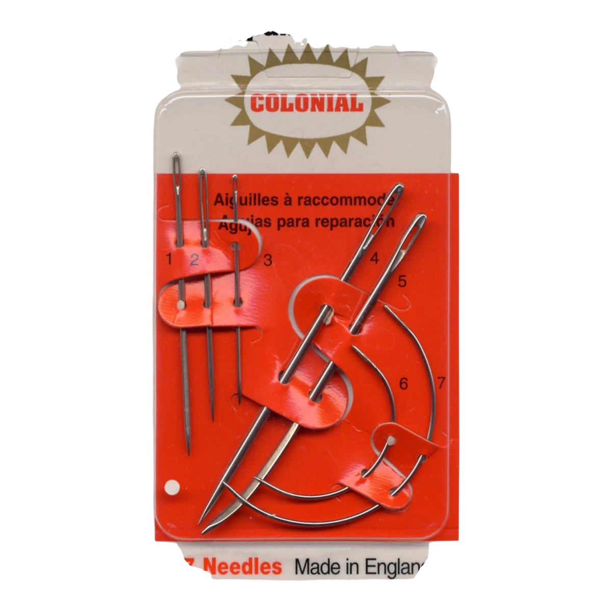 Everything Fabric Colonial Needle Co. 7-piece household repair needle set with straight and curved needles.