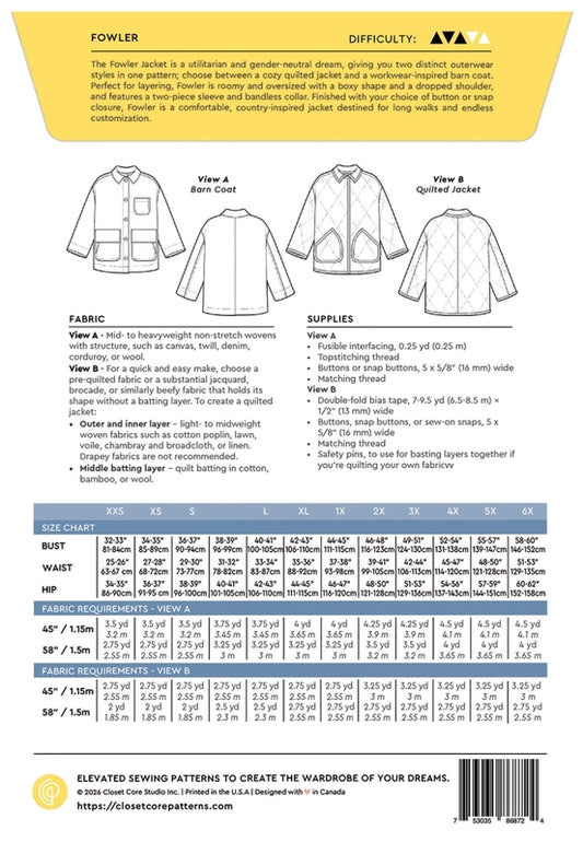 FOWLER Barn Coat & Quilted Jacket Pattern , quilting and craft projects