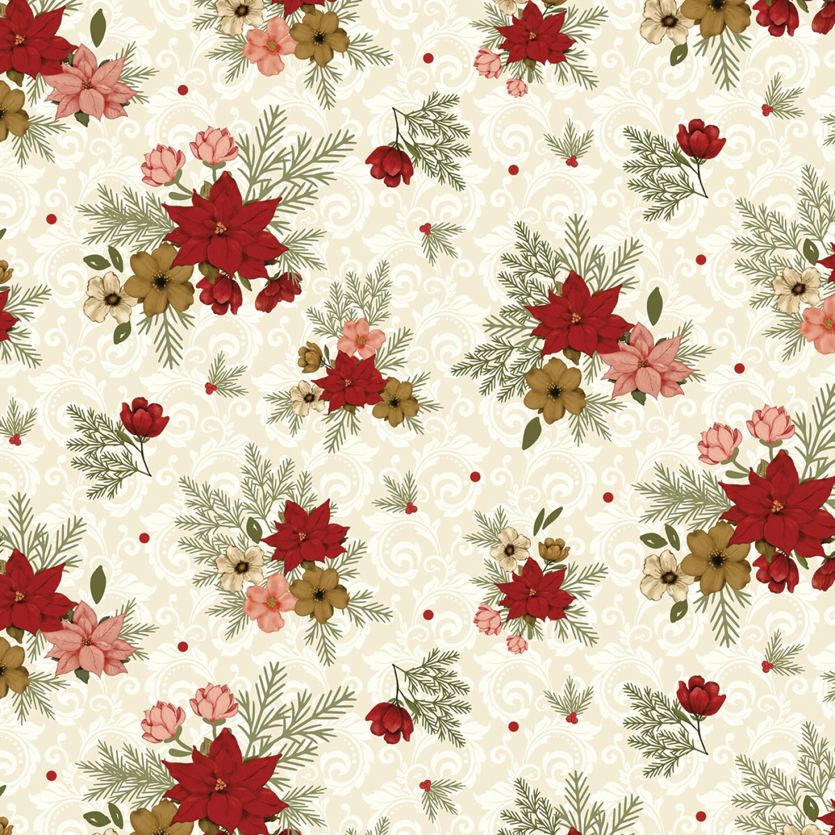 Christmas Greetings - Floral Cream | 1 Yard Cut
