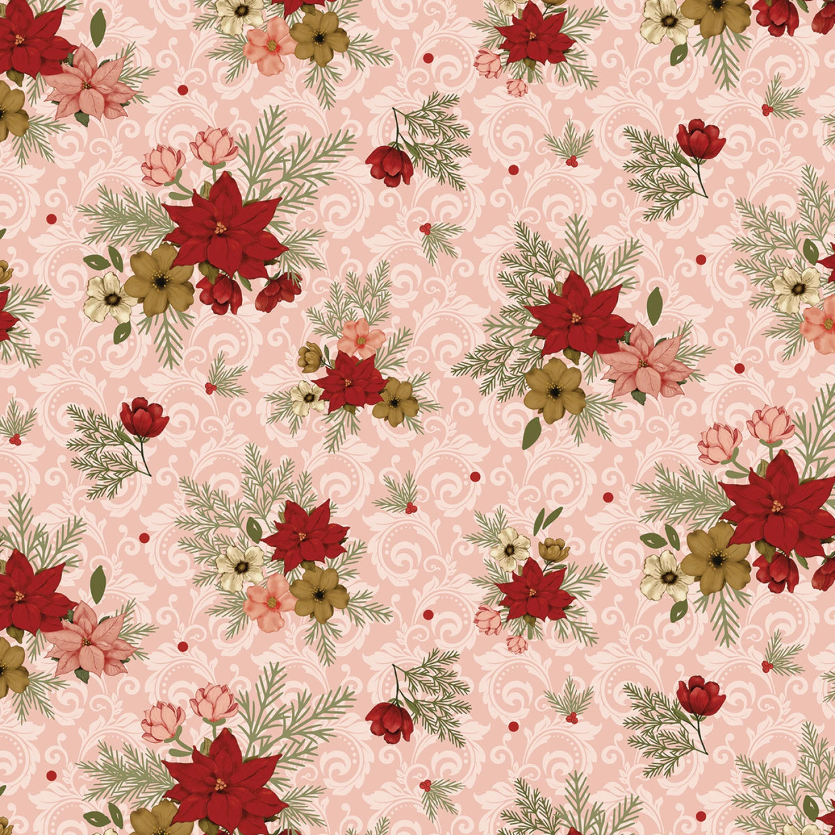 Christmas Greetings - Floral Pink | 1 Yard Cut