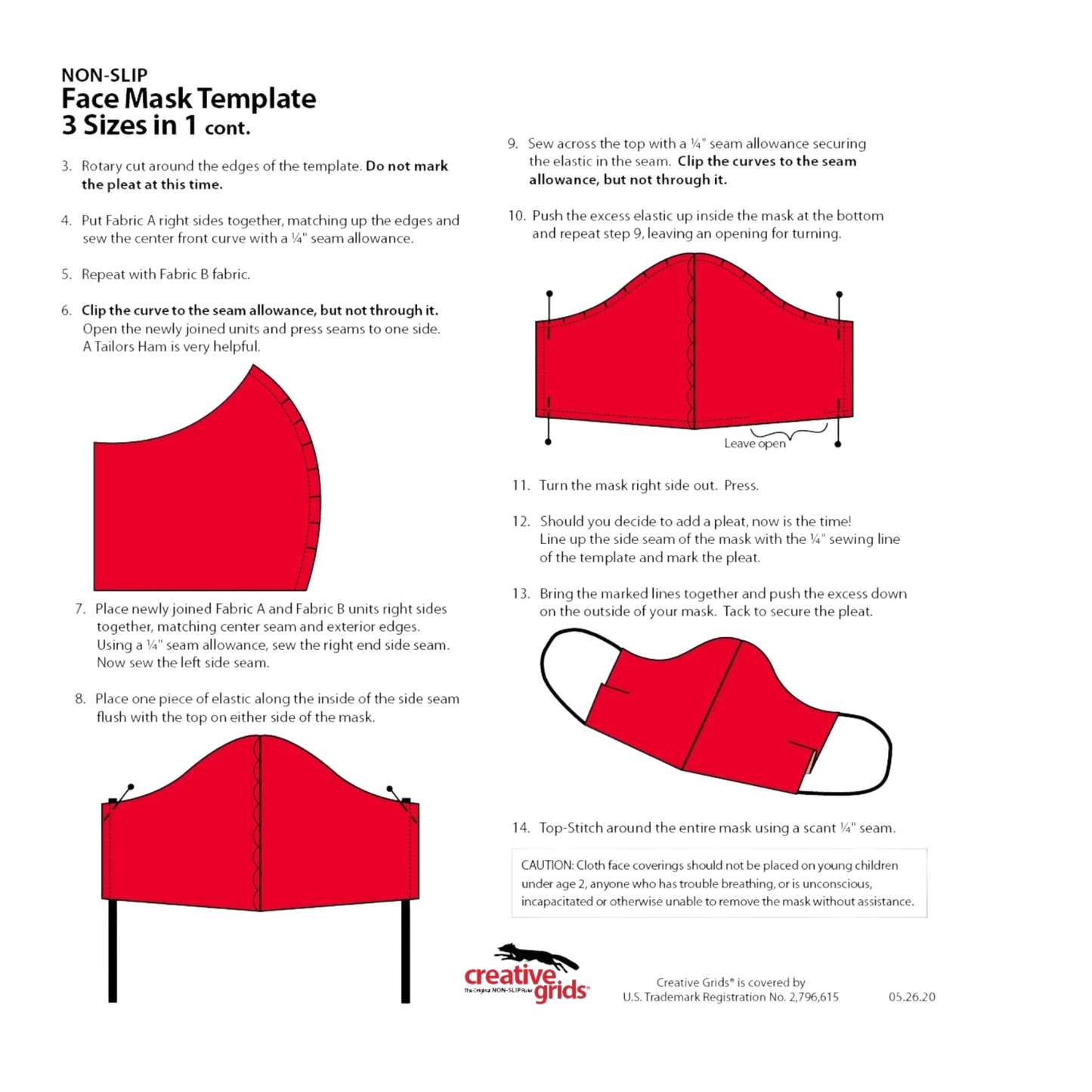 Face Mask Template 3 Sizes in 1 for precise cutting, marking and patchwork