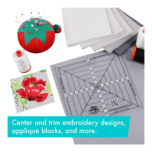 6-1/2in Square It Up or Fussy Cut Square Quilt Ruler for precise cutting, marking and patchwork