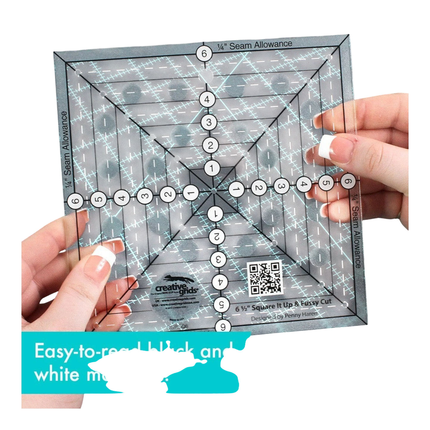 6-1/2in Square It Up or Fussy Cut Square Quilt Ruler for precise cutting, marking and patchwork