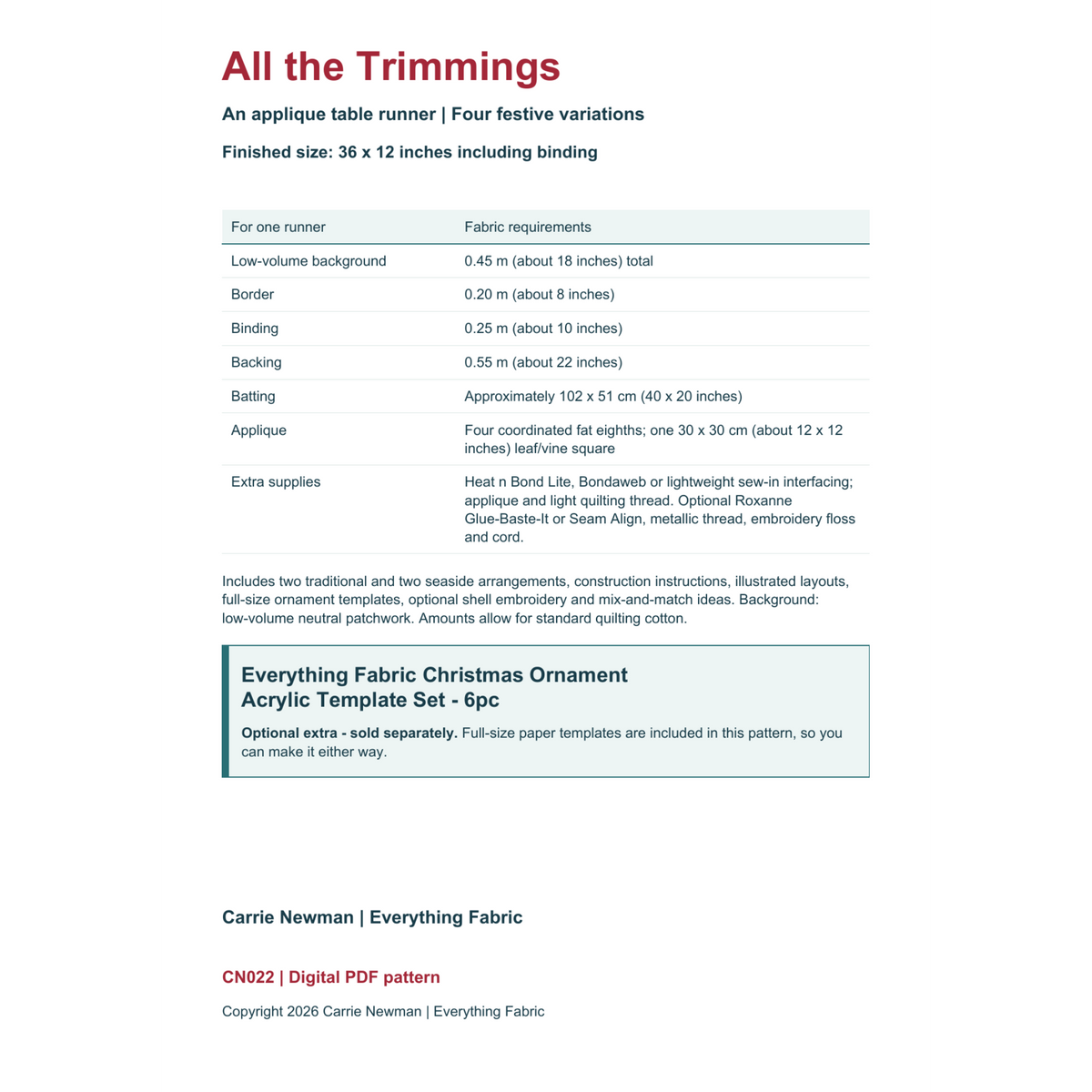 All the Trimmings back cover - finished size, fabric requirements and optional Everything Fabric Christmas Ornament Acrylic Template Set - 6pc