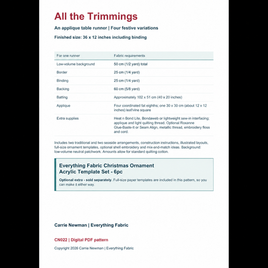 All the Trimmings back cover - finished size, corrected fabric requirements and optional Everything Fabric Christmas Ornament Acrylic Template Set - 6pc