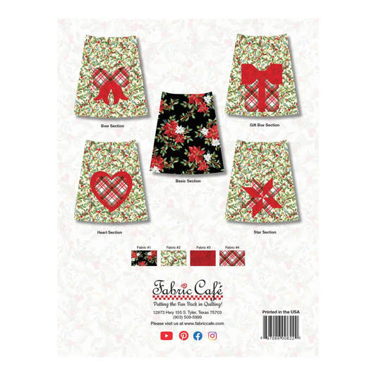 Everything Fabric Christmas Wishes Tree Cozy booklet showing sewing patterns for bow, heart, gift box, and star designs.
