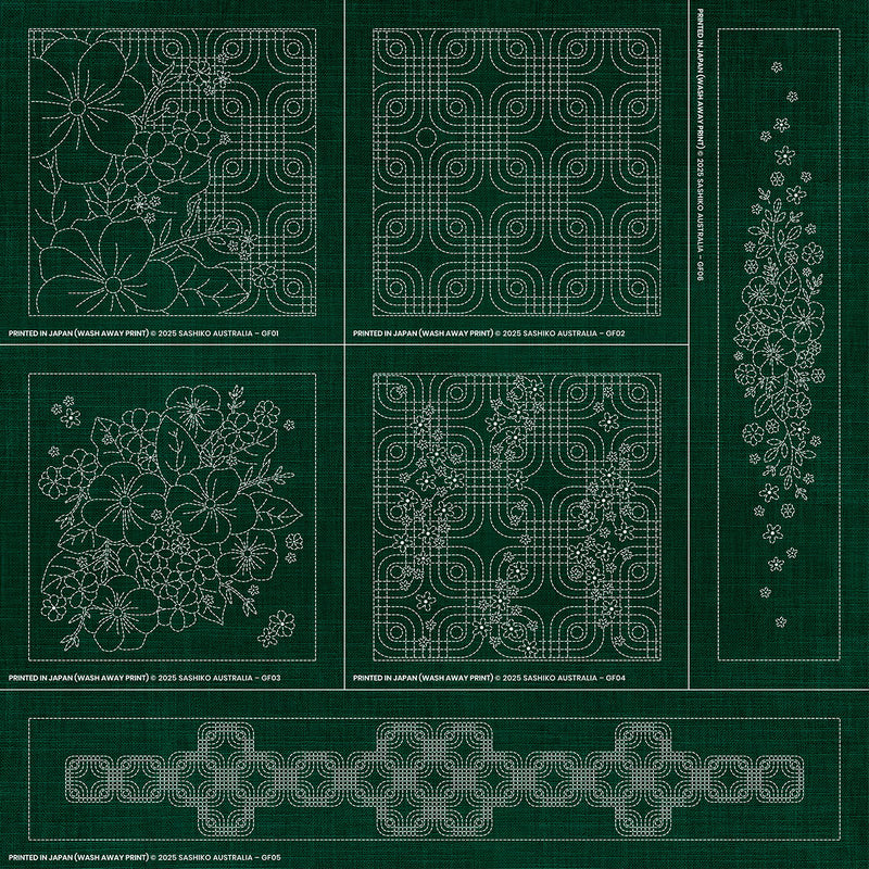 Sashiko Australia Geometric Floral Collection - 6 Designs GREEN , piecing and stitching