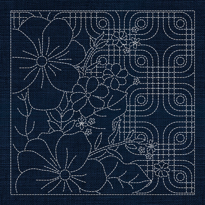 Sashiko Blossoms Geometric - Indigo , piecing and stitching