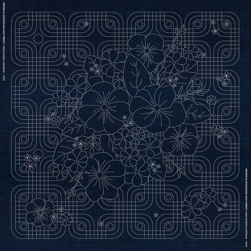 Sashiko Australia Blossom Bouquet Geometric - INDIGO , piecing and stitching