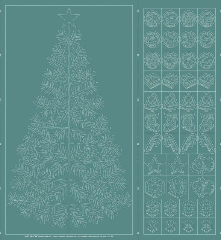 Wagara Sashiko Panel Season's Greeting Teal Blue for patchwork, quilting and sewing