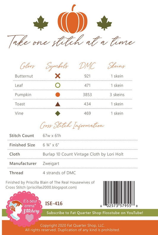 Hey Pumpkin Cross Stitch Pattern - It's Sew Emma , quilting and craft projects