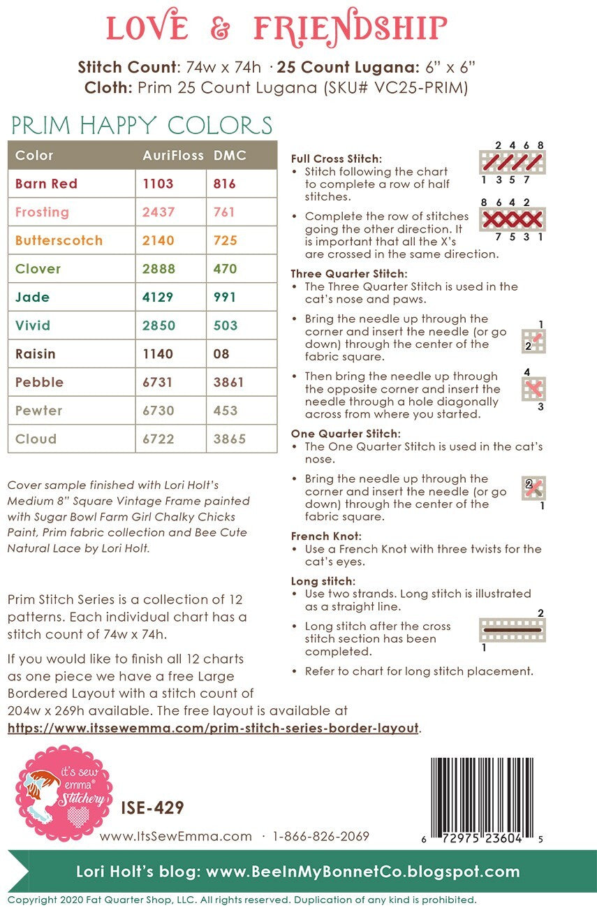 Lori Holt Prim Stitch Series #10 - Love & Friendship Cross Stitch Pattern , quilting and craft projects