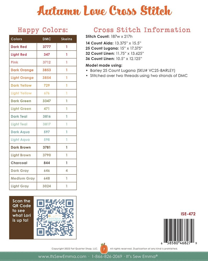 Autumn Love Cross Stitch Pattern , quilting and craft projects