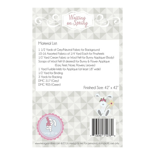 Waiting on Spring Quilt Pattern, a sewing pattern for a 42" x 42" quilt featuring a bunny and flowers.