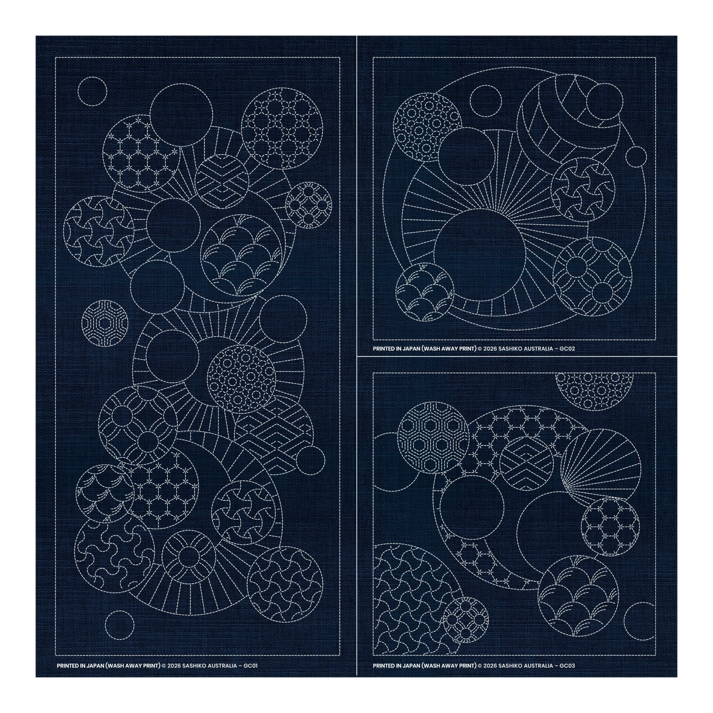 Sashiko Geometric Circles Collection – 3 Designs Cream