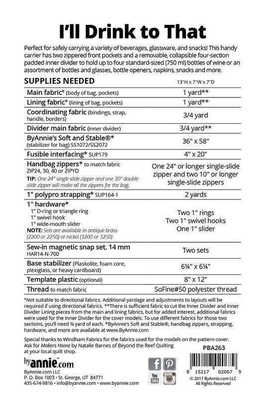 I'll Drink to That Beverage/Glass Carrier Pattern , quilting and craft projects