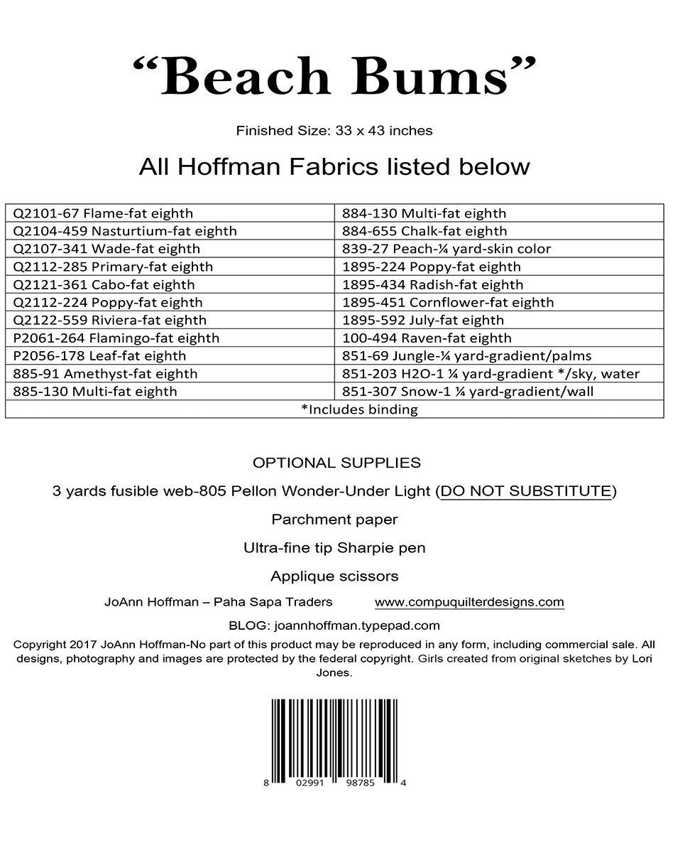 Beach Bums Raw Edge Applique Pattern , quilting and craft projects