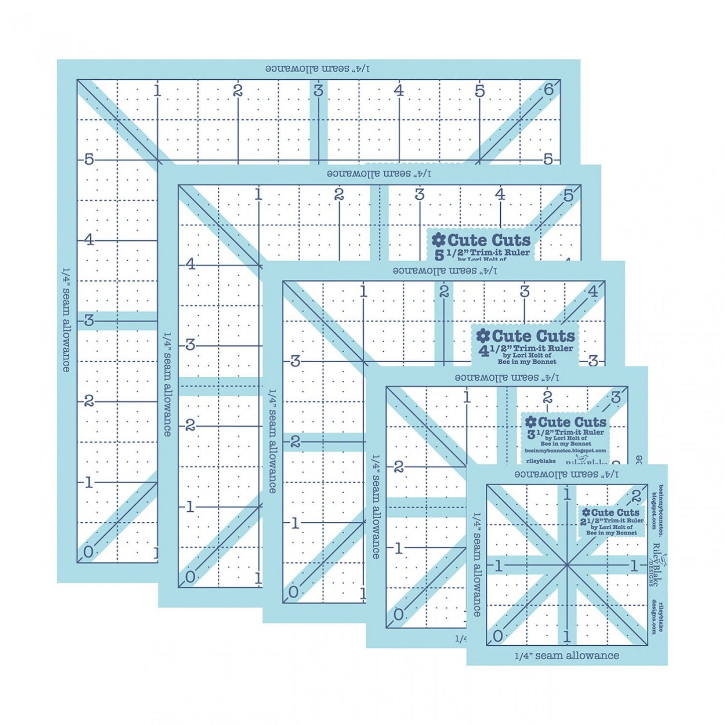 Lori Holt Trim-It Square Ruler Pack - 64 mm,89 mm,114 mm,140 mm,165 mm for precise cutting, marking and patchwork