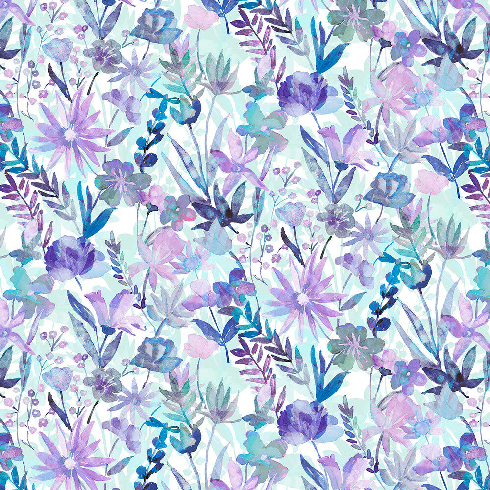 Whispering Gardens - Watercolor Blue/Violet Floral 2743 mm Wideback for patchwork, quilting and sewing