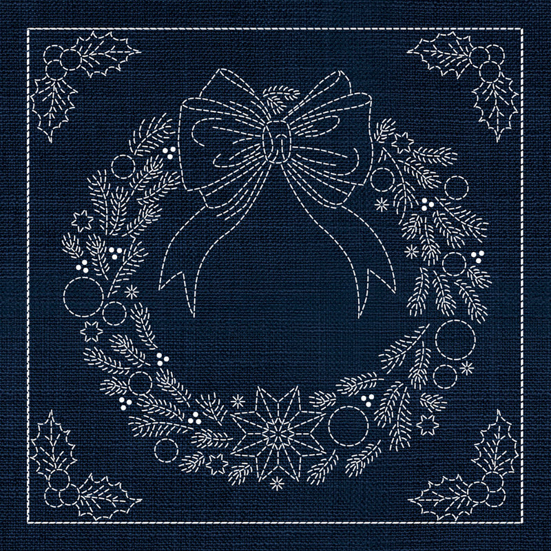 Sashiko Australia Christmas Wreath INDIGO , piecing and stitching