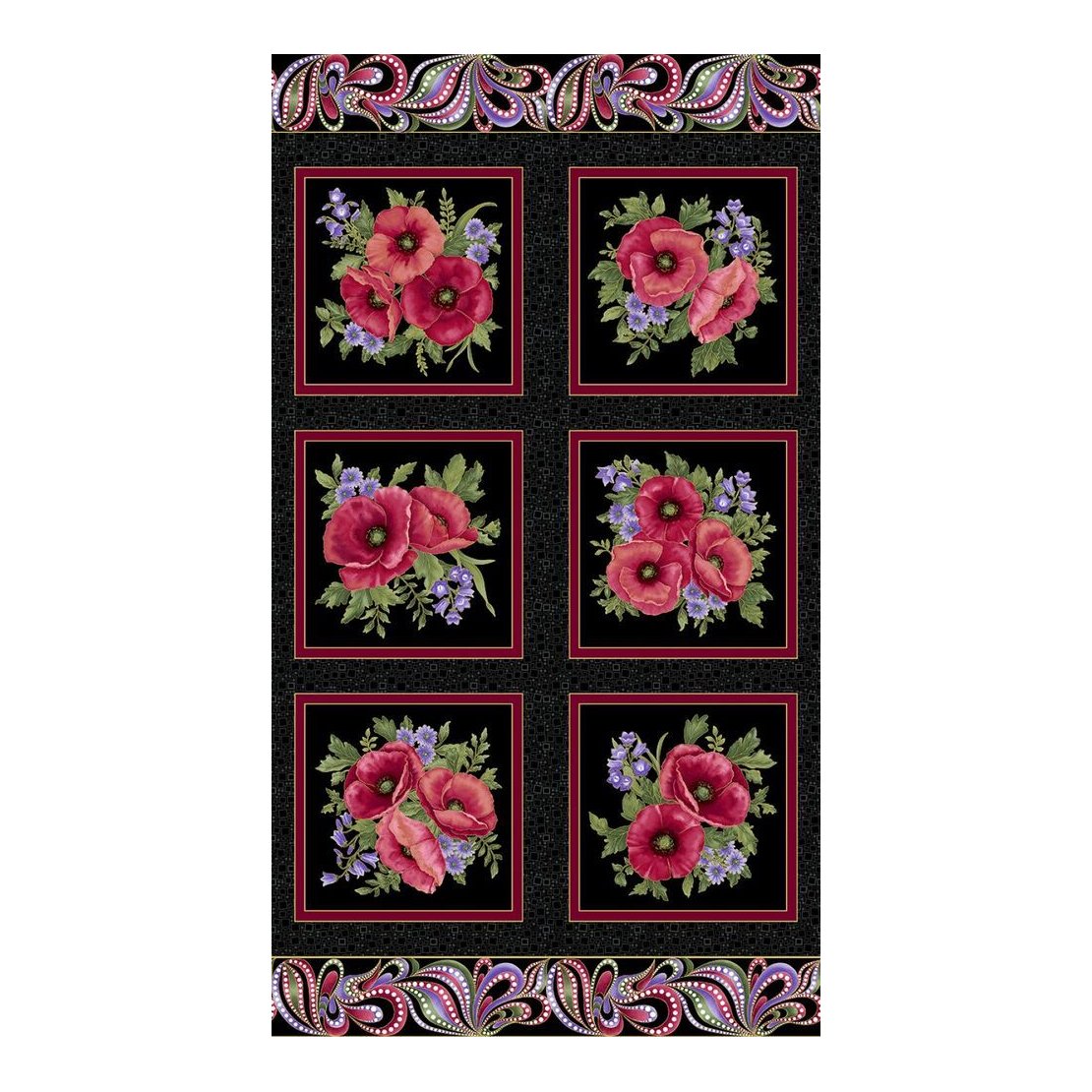 Amazing Poppies On Point 6-Block Panel – Black/Multi w/ Metallic - Everything Fabric