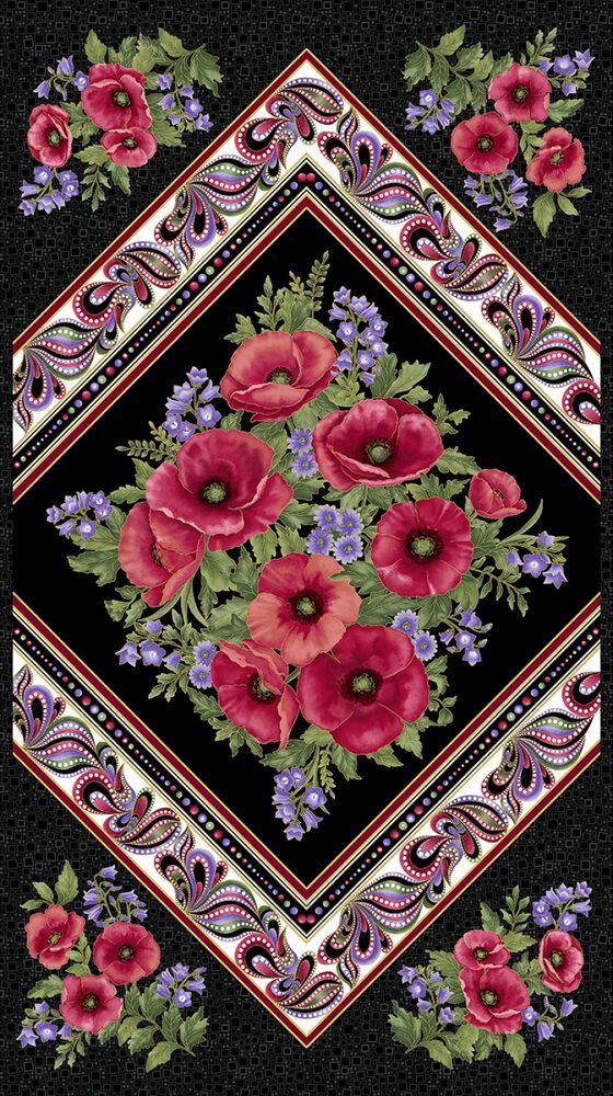 Amazing Poppies On Point Panel – Black/Multi with Metallic - Everything Fabric