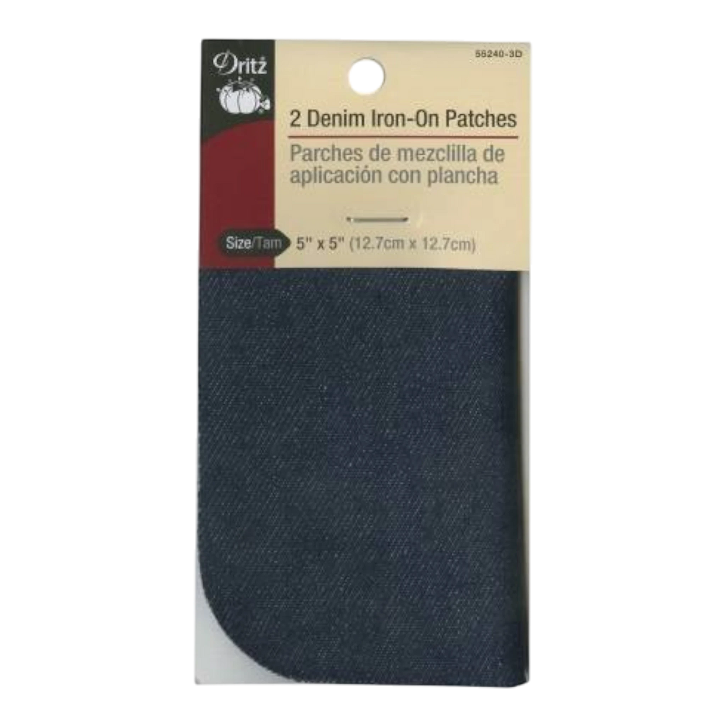 Dritz dark blue stonewashed denim iron-on patches, 5" x 5", 2 count for durable garment repair.