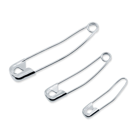 Dritz 3328 pin size comparison: large size 3 and medium size 2 curved safety pins, and small size 1 coil-less pin
