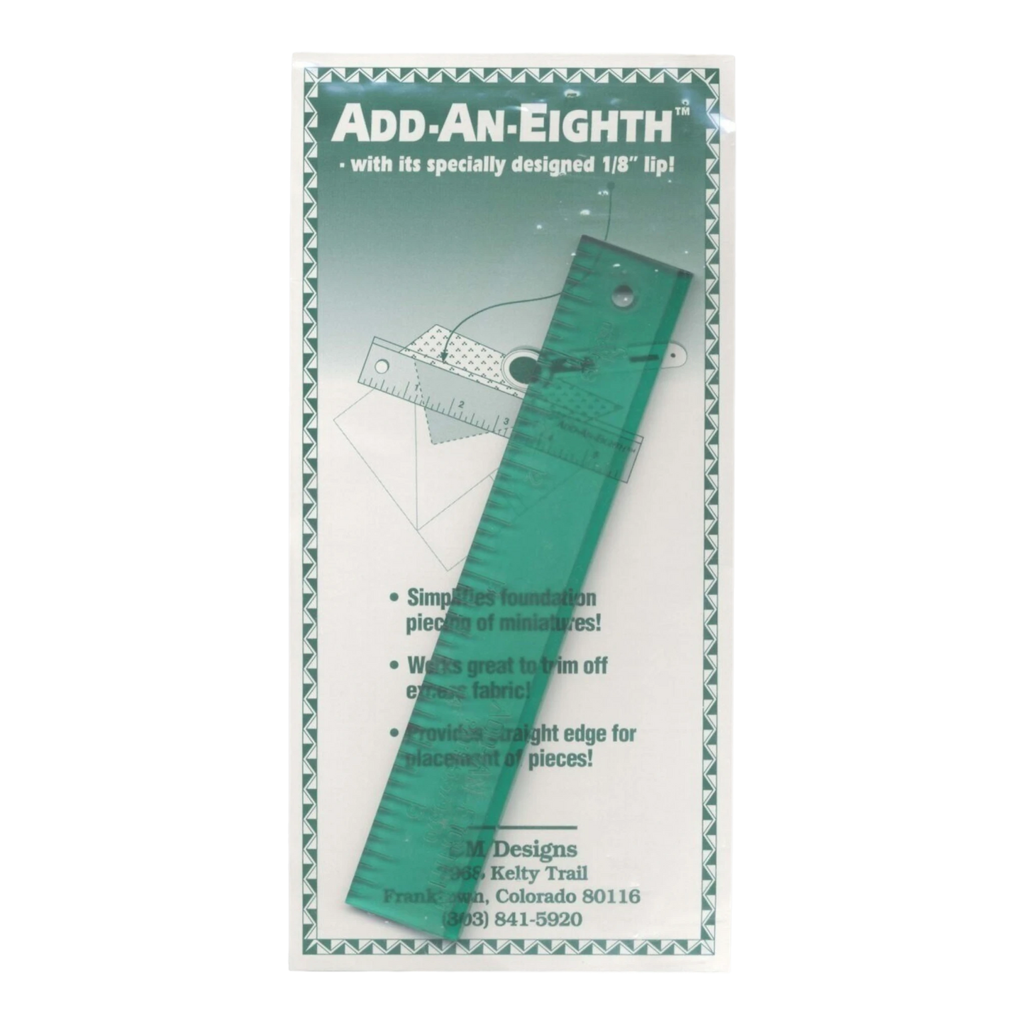 Everything Fabric Add-an-Eighth 1x6 inch green acrylic quilting ruler with a raised lip for seam allowances.