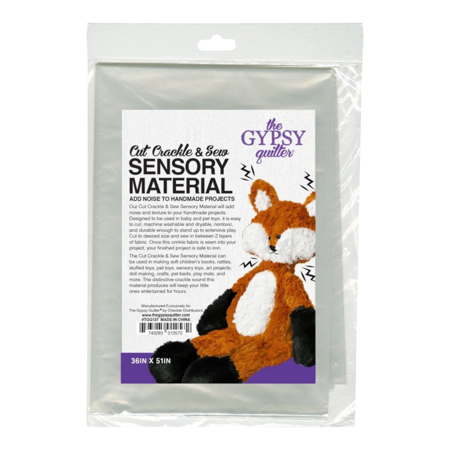Everything Fabric Cut Crackle and Sew sensory material in clear packaging with a fox toy illustration