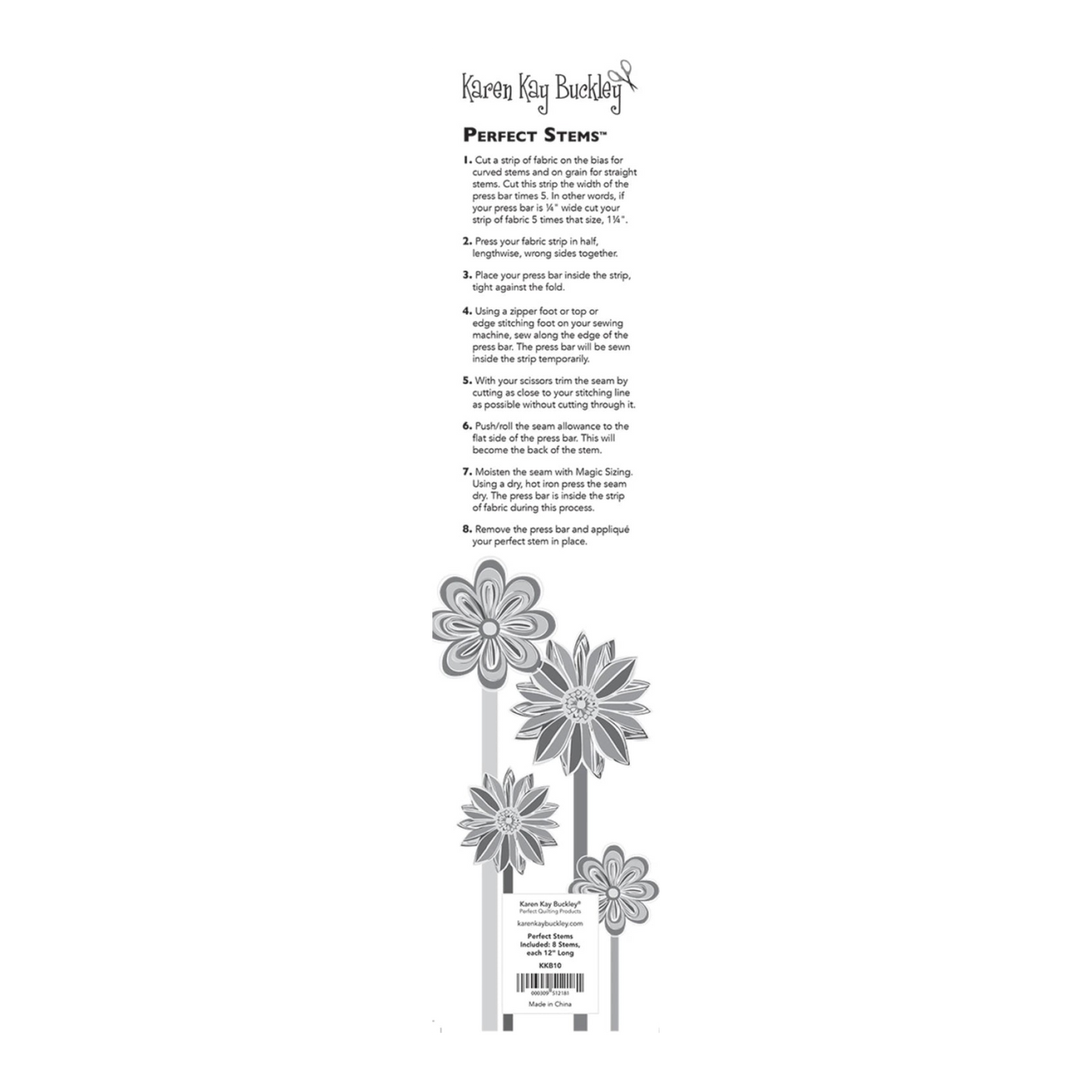 Everything Fabric Perfect Stems by Karen Kay Buckley packaging showing instructions and floral appliqué designs