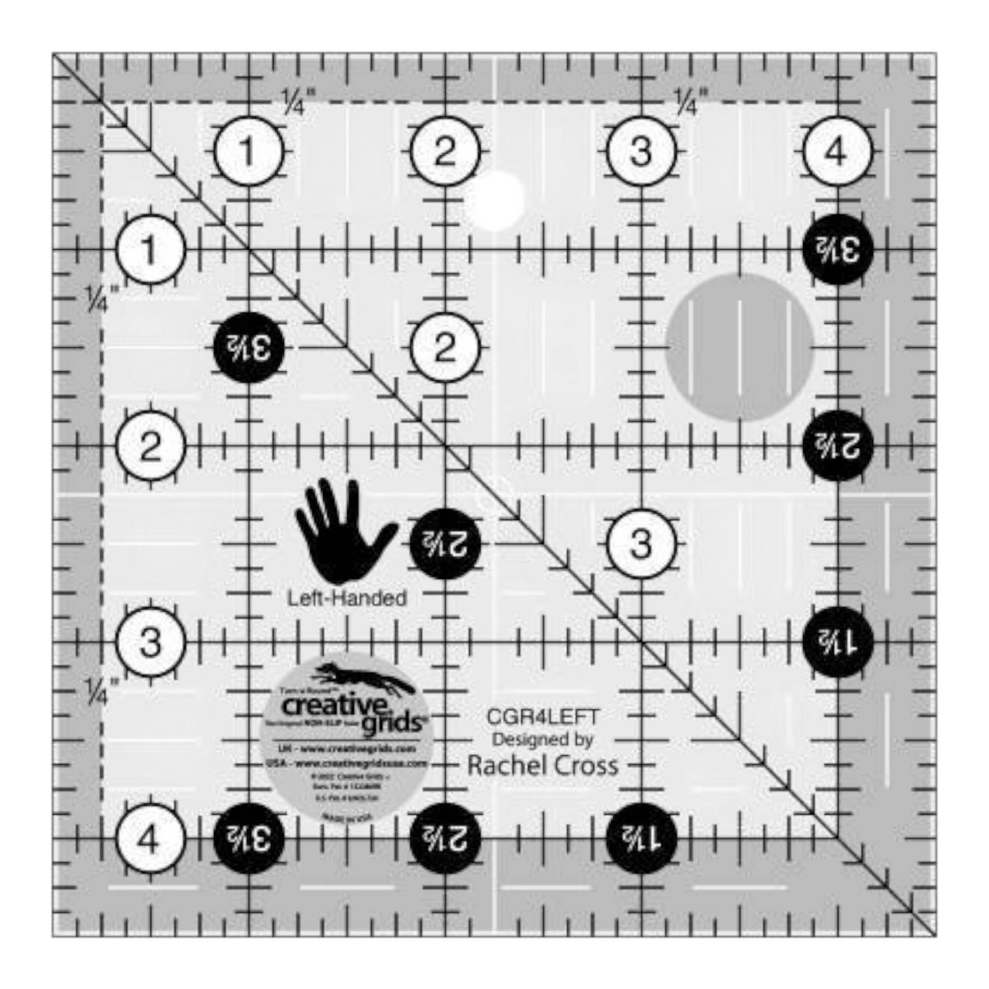 Creative Grids 114 mm Square Left-Handed Quilt Ruler CGR4LEFT for precise cutting, marking and patchwork