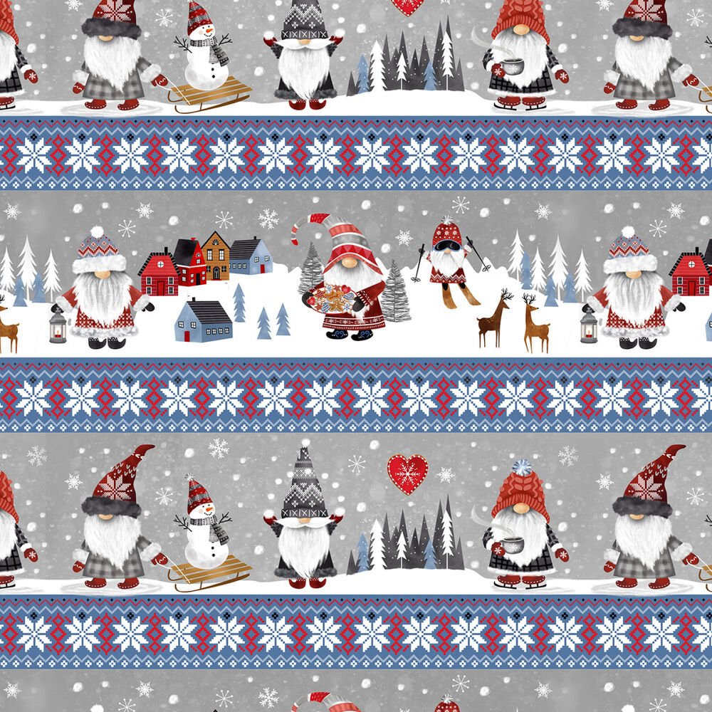 Grey Nordic Gnomes Border Stripes Christmas - Everything Fabric