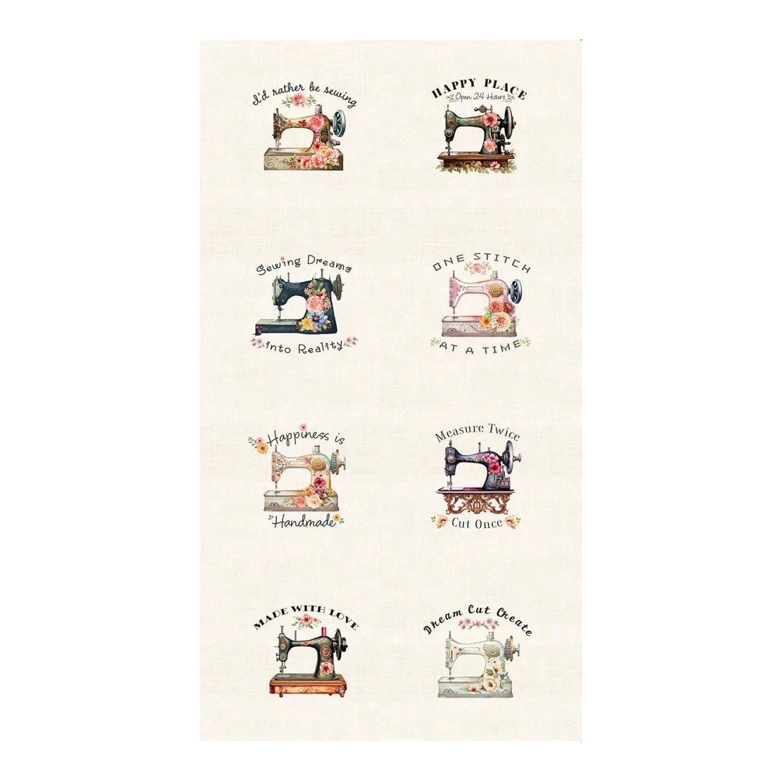 Happy Place - Cream Floral Sewing Machines Panel 24 inch - Everything Fabric