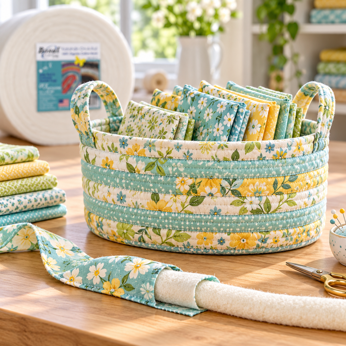 Katahdin batting fabric-strip basket — digitally illustrated project idea; finished basket and fabric not included